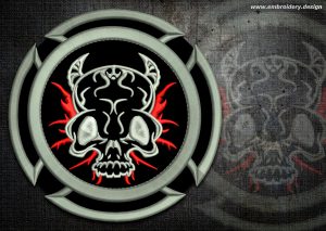 This Biker patch Alien's skull design was digitized and embroidered by www.embroidery.design.