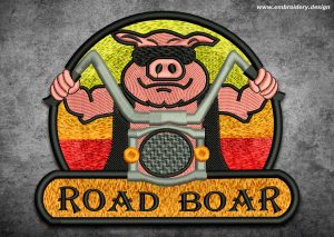 This Biker patch Boar on bike design was digitized and embroidered by www.embroidery.design.