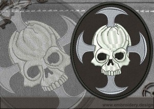 This Biker patch Skull with a Cross design was digitized and embroidered by www.embroidery.design.
