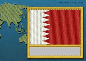 This Flag of Bahrain Customizable Text with a Gold border design was digitized and embroidered by www.embroidery.design.