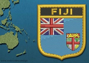 This Flag of Fiji Shield with a Gold border design was digitized and embroidered by www.embroidery.design.