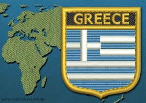 This Flag of Greece Shield with a Gold border design was digitized and embroidered by www.embroidery.design.