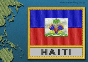 This Flag of Haiti Text with a Gold border design was digitized and embroidered by www.embroidery.design.