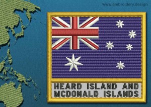This Flag of Heard Island and McDonald Islands Text with a Gold border design was digitized and embroidered by www.embroidery.design.
