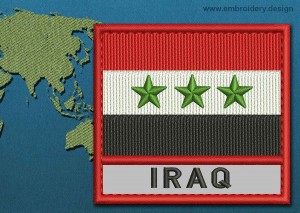 This Flag of Iraq Text with a Colour Coded border design was digitized and embroidered by www.embroidery.design.