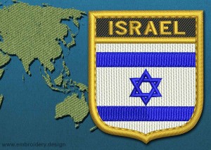 This Flag of Israel Shield with a Gold border design was digitized and embroidered by www.embroidery.design.