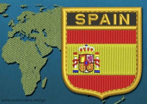 This Flag of Spain Shield with a Gold border design was digitized and embroidered by www.embroidery.design.