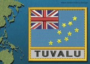 This Flag of Tuvalu Text with a Gold border design was digitized and embroidered by www.embroidery.design.