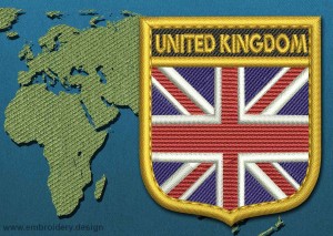 This Flag of United Kingdom Shield with a Gold border design was digitized and embroidered by www.embroidery.design.