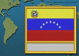 This Flag of Venezuela (With Crest) Customizable Text with a Gold border design was digitized and embroidered by www.embroidery.design.