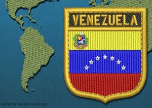 This Flag of Venezuela (With Crest) Shield with a Gold border design was digitized and embroidered by www.embroidery.design.