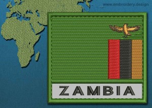 This Flag of Zambia Text with a Colour Coded border design was digitized and embroidered by www.embroidery.design.