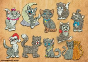 This Pack of Cool grey kittens and cats design was digitized and embroidered by www.embroidery.design.