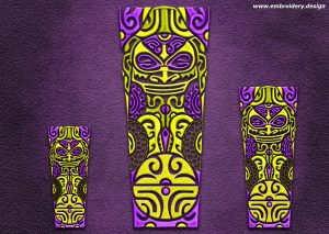 This Polynesian tattoo Tiki Totem design was digitized and embroidered by www.embroidery.design.