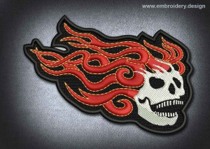This Skull Patch Skull With Fiery Hair design was digitized and embroidered by www.embroidery.design.