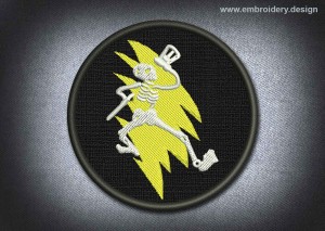 This Skull Patch Lightning And Skeleton design was digitized and embroidered by www.embroidery.design.